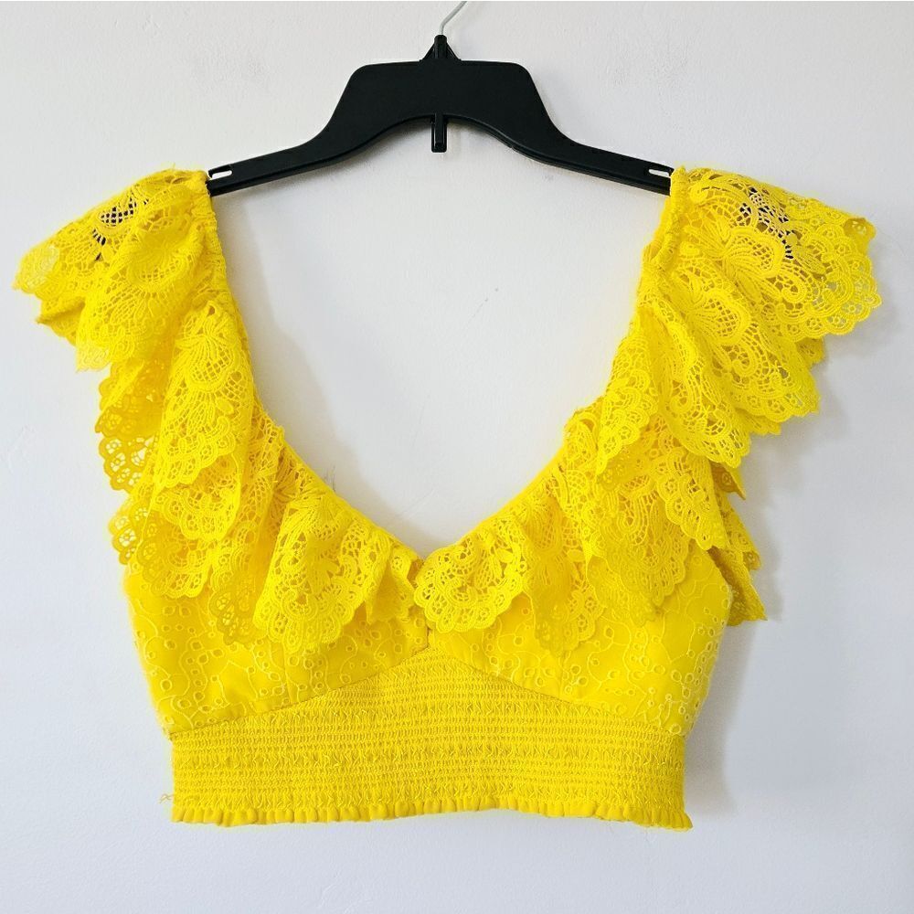Alice+Olivia Bleeker Ruffled Lace Crop Top in Sunbeam NWOT